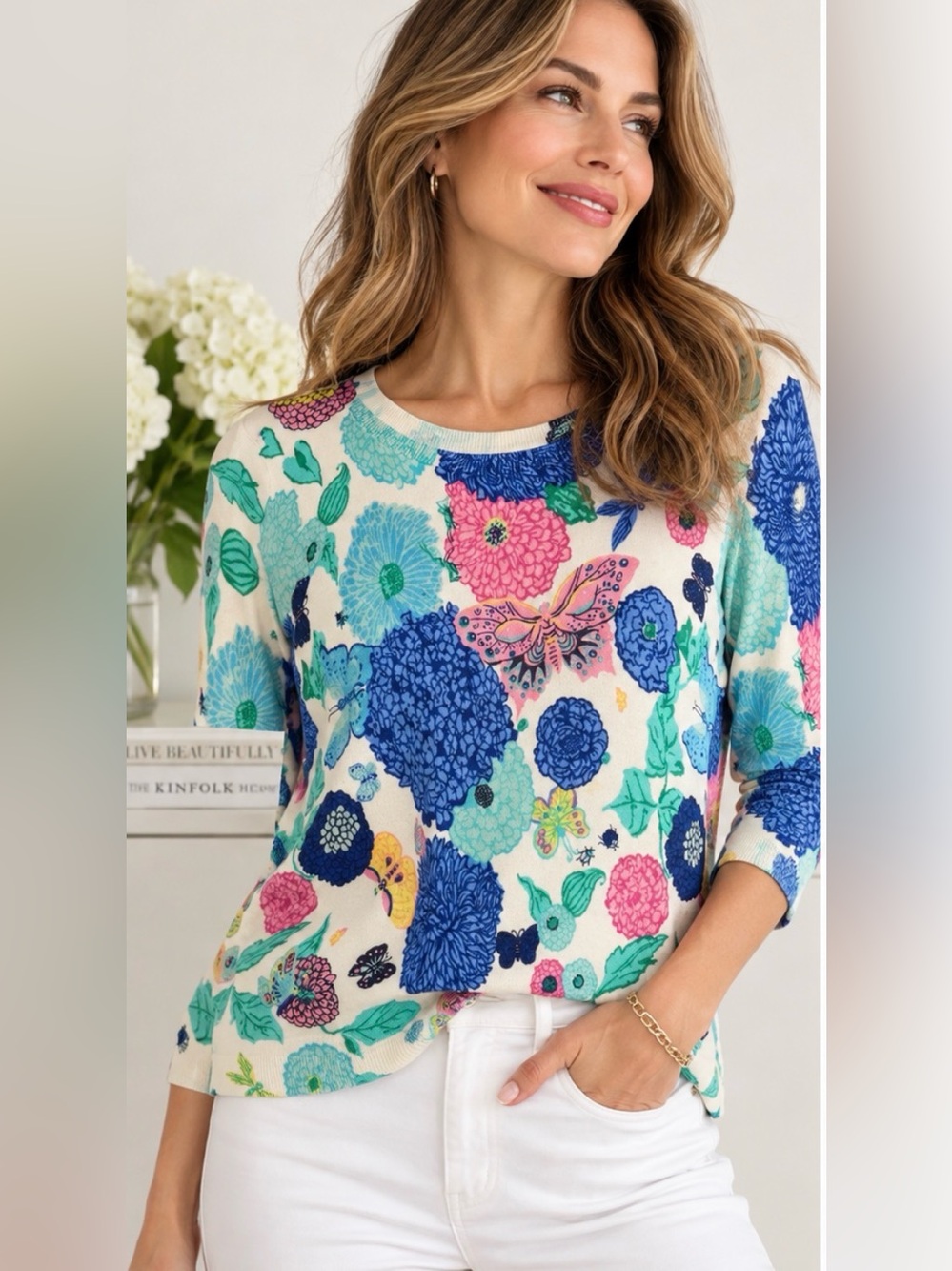 Talbots Women’s L Floral Butterfly Sweater 3/4 Sleeve Cotton Rayon Button Back